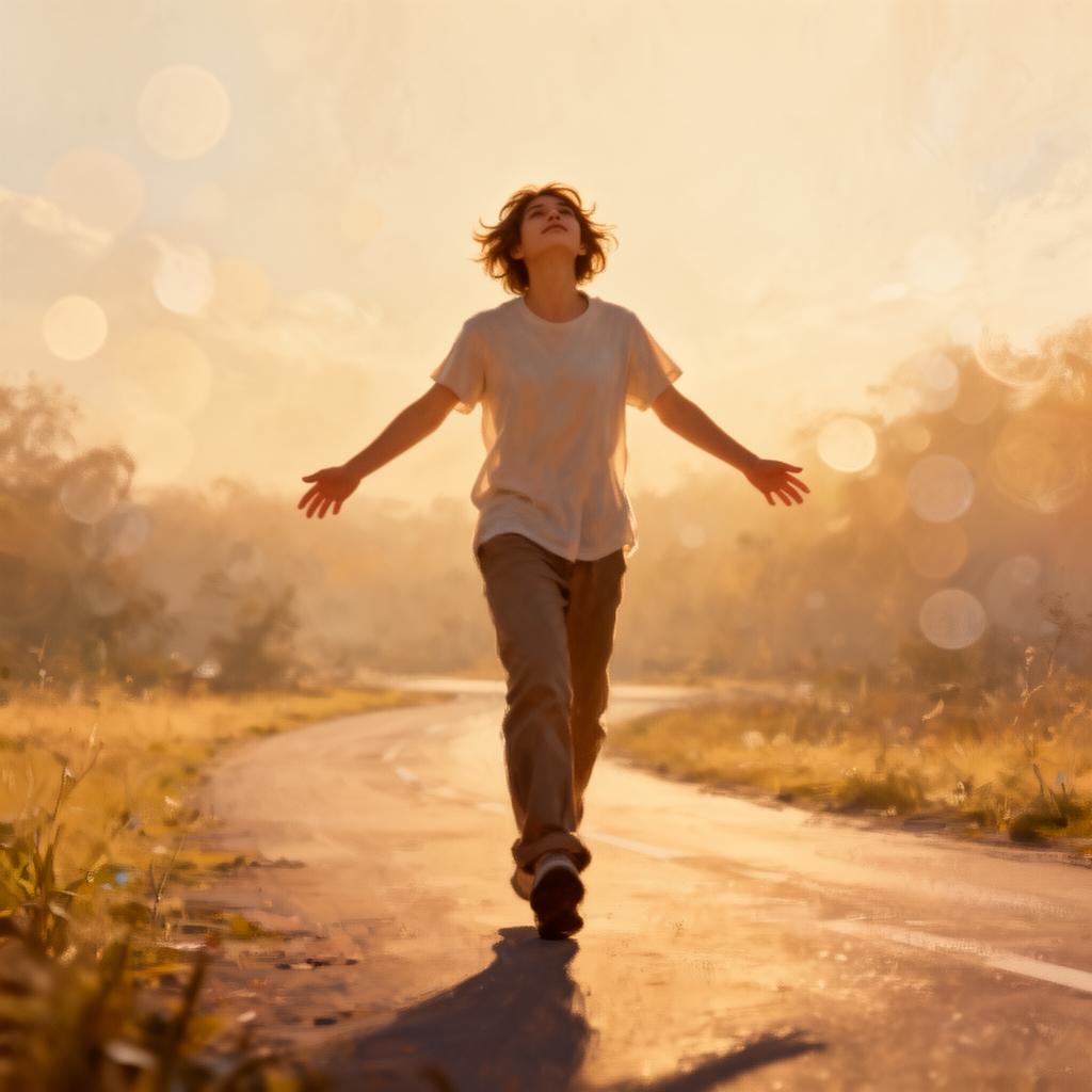 A person walking freely along an open path in warm sunlight, a new beginning